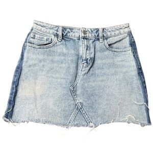 PacSun Light Wash Denim Mini Skirt Raw‎ Hem Distressed Side Stripe Womens 26